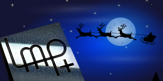 Weihnachtsmann mit Elchgespann im Nachthimmel mit Sternen, im Vordergrung das Logo vom LMP plus